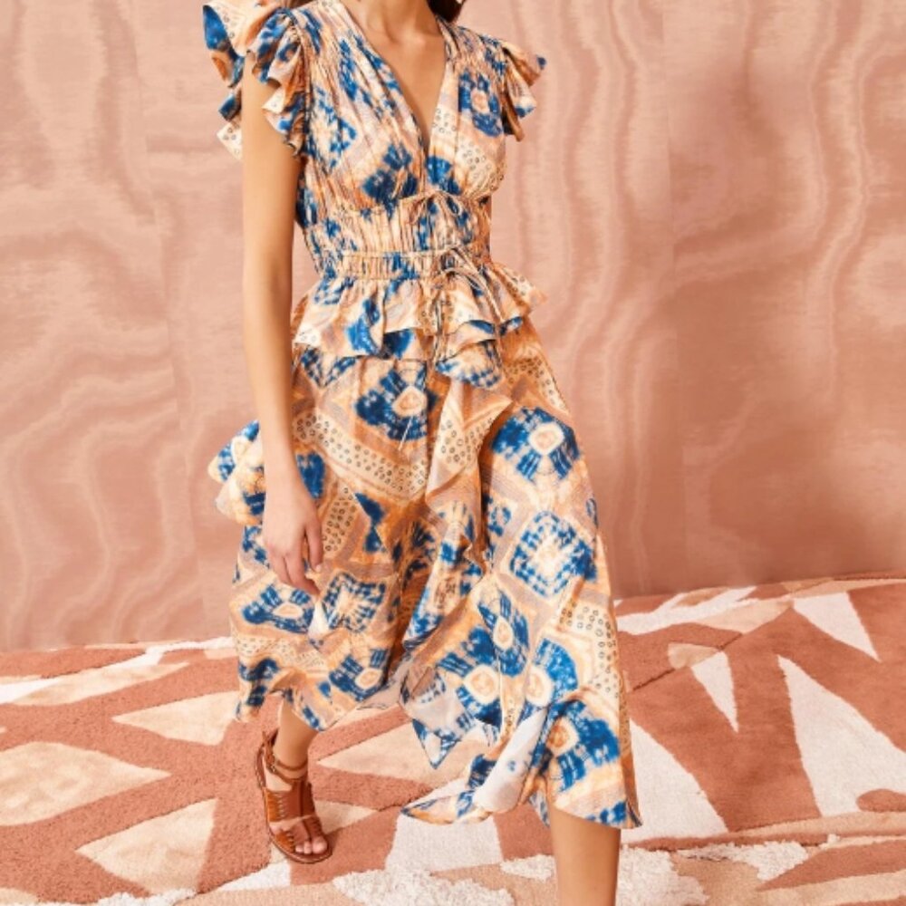 NWOT Ulla Johnson Avia Silk Twill Ruffled Midi Dress in Fossil XS $790